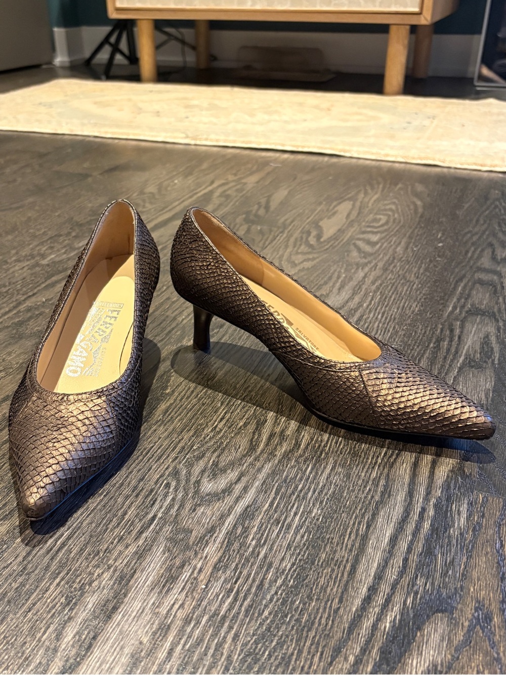 Salvatore Ferragamo Dark Brown & Bronze Snakeskin Textured Pumps Size 6